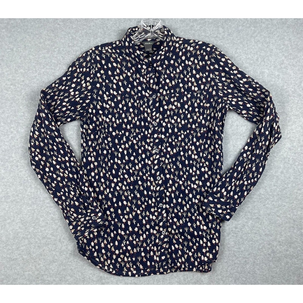 Eddie Bauer Top Women's Size S Black Christmas Tree All Over Holiday Button Up